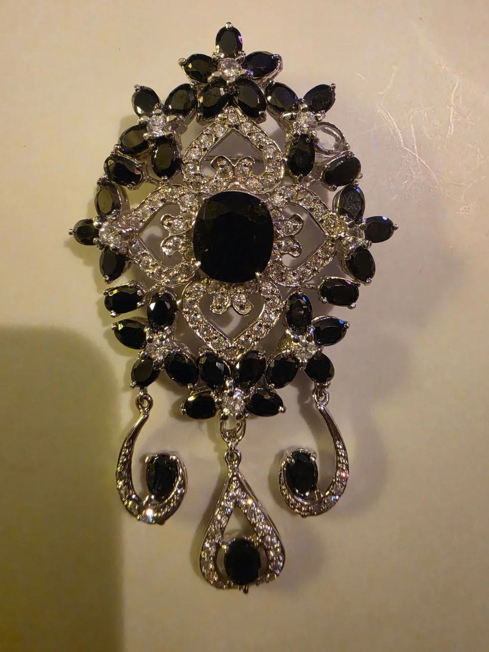 Stunning Black and Silver Filigree Crystal Drop Brooch/Pendant
